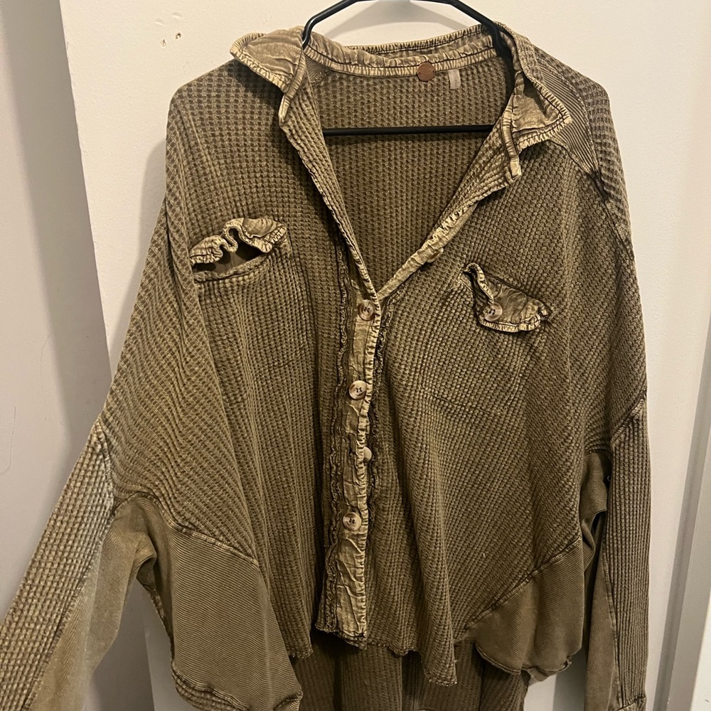 Free people Textured Olive Green Button-Up Shirt